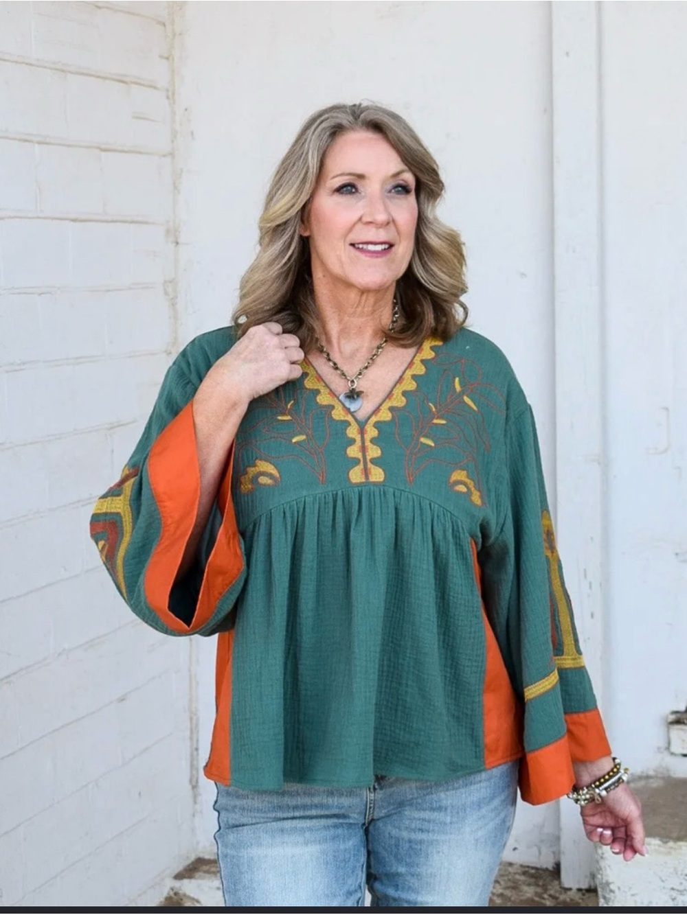 Jodifl Hana Tunic Hunter Green and Orange Embroidered V-Neck Peasant